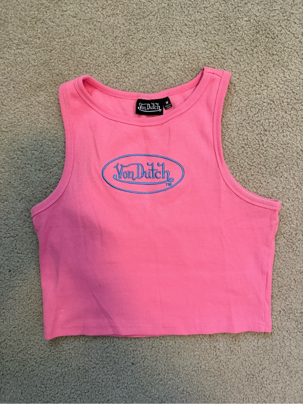 Von Dutch Hot Pink Ribbed Crop Tank with Blue Logo